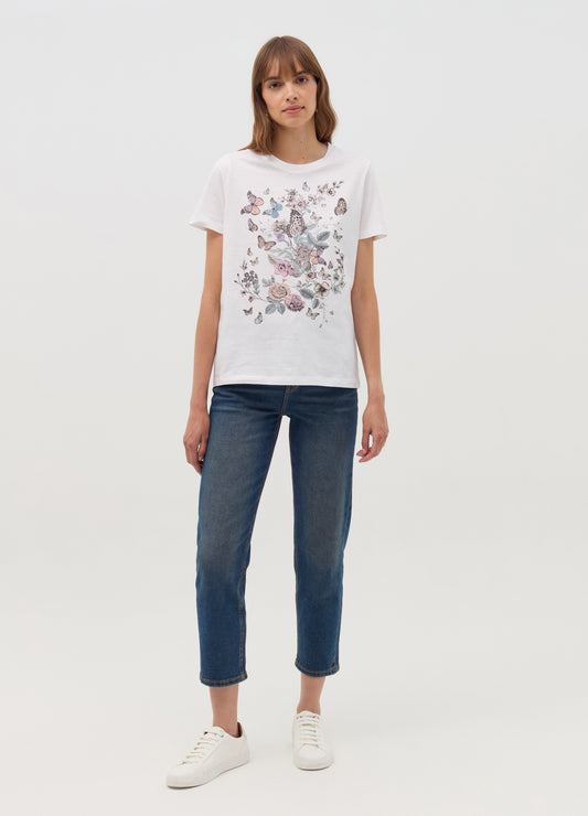 T-Shirt With Butterflies And Flowers Print