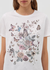 T-Shirt With Butterflies And Flowers Print