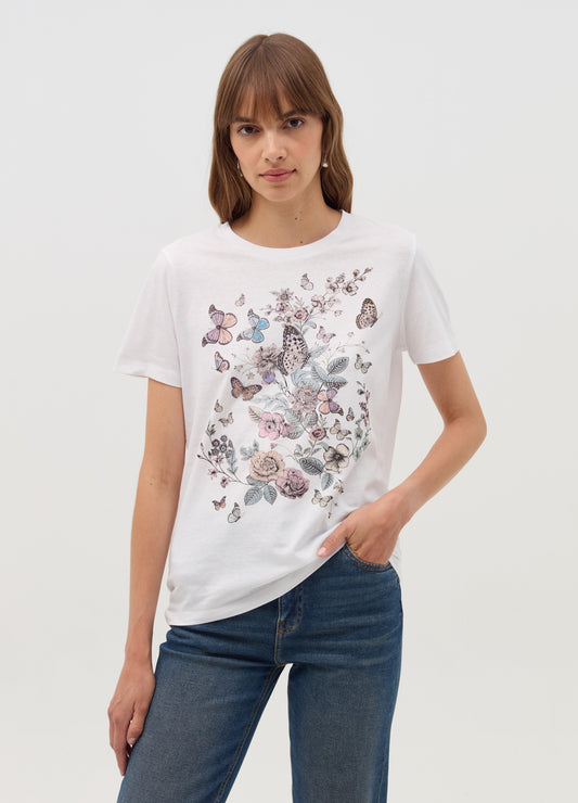T-Shirt With Butterflies And Flowers Print