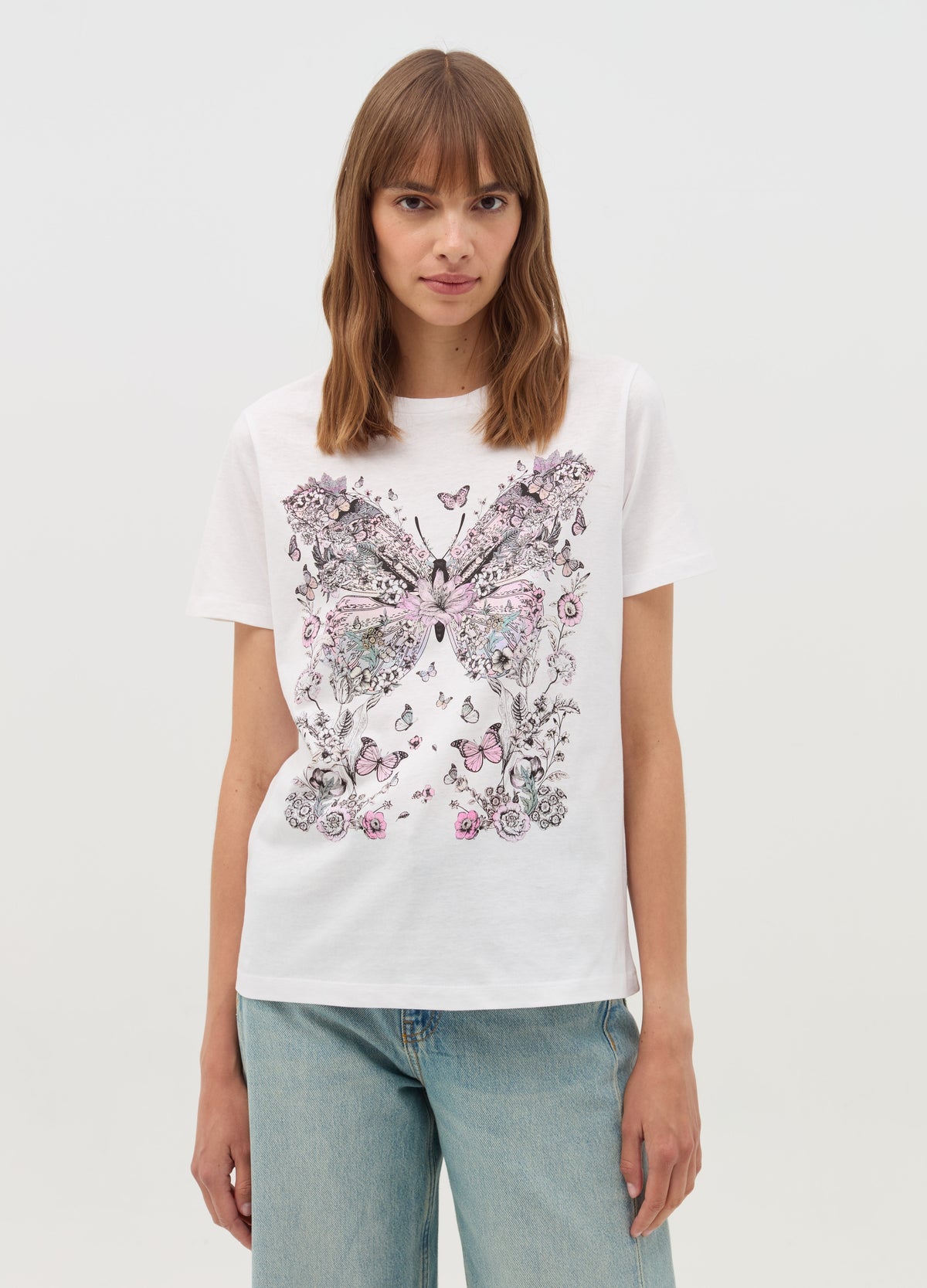 T-Shirt With Flowers And Butterflies Print