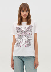 T-Shirt With Flowers And Butterflies Print