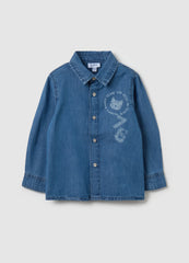 Ovs Shirt In Denim With Tiger And Lettering Print