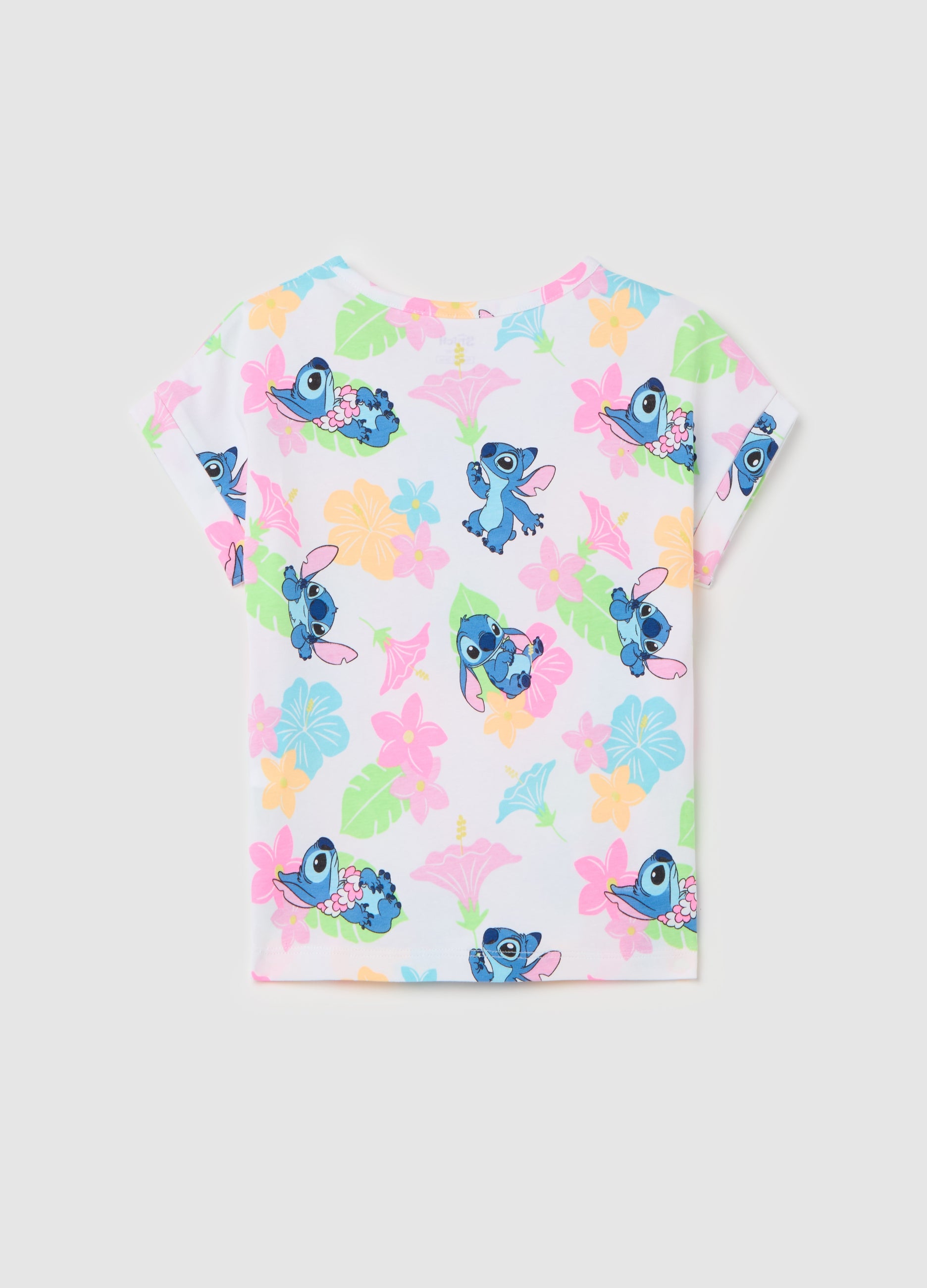 Ovs Stretch Cotton T-Shirt With Stitch Print