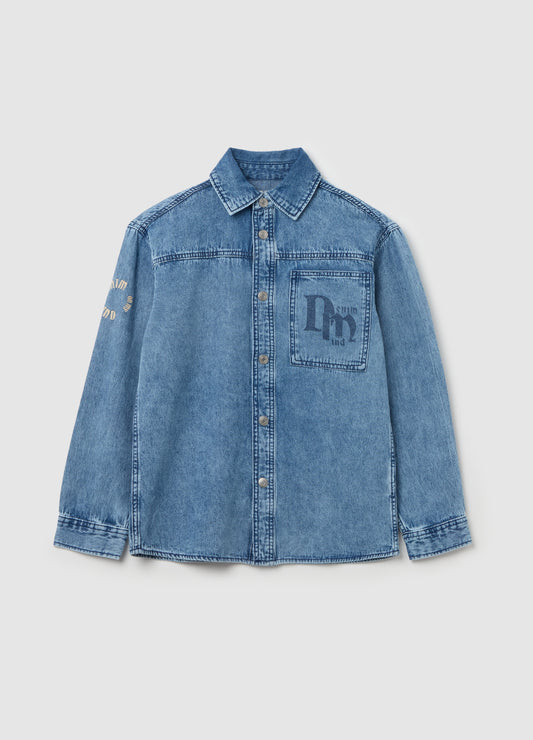 ACID WASH DENIM SHACKET WITH PRINT