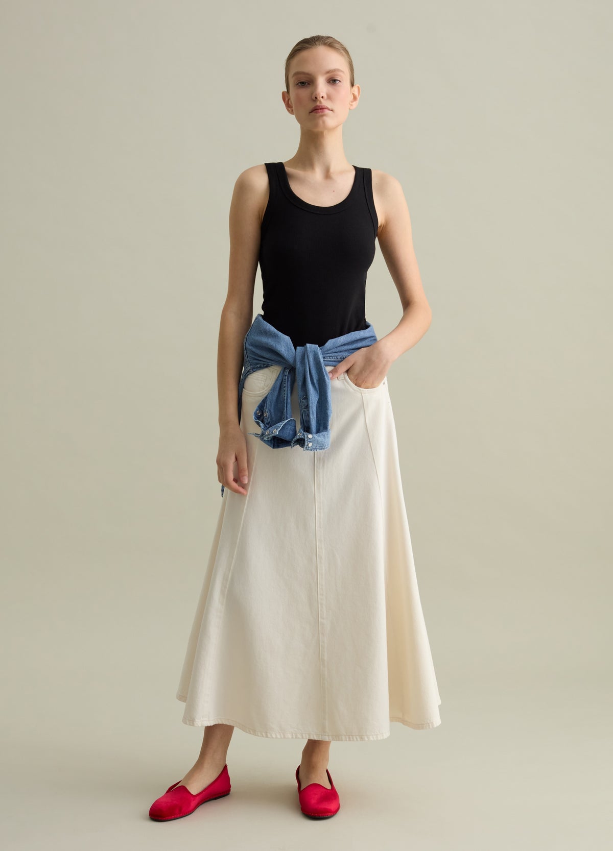 Ovs Long Full Skirt In Denim