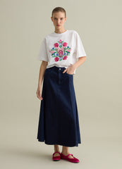 White T-Shirt With Short Sleeves And Floral Embroidery