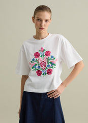 White T-Shirt With Short Sleeves And Floral Embroidery