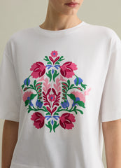 White T-Shirt With Short Sleeves And Floral Embroidery