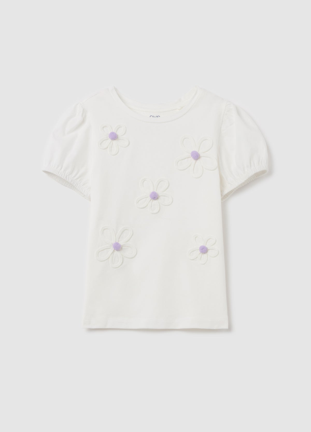 T-Shirt With Flowers Application And Pompoms