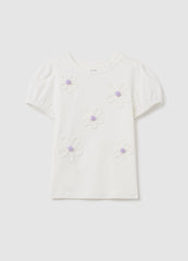 T-Shirt With Flowers Application And Pompoms