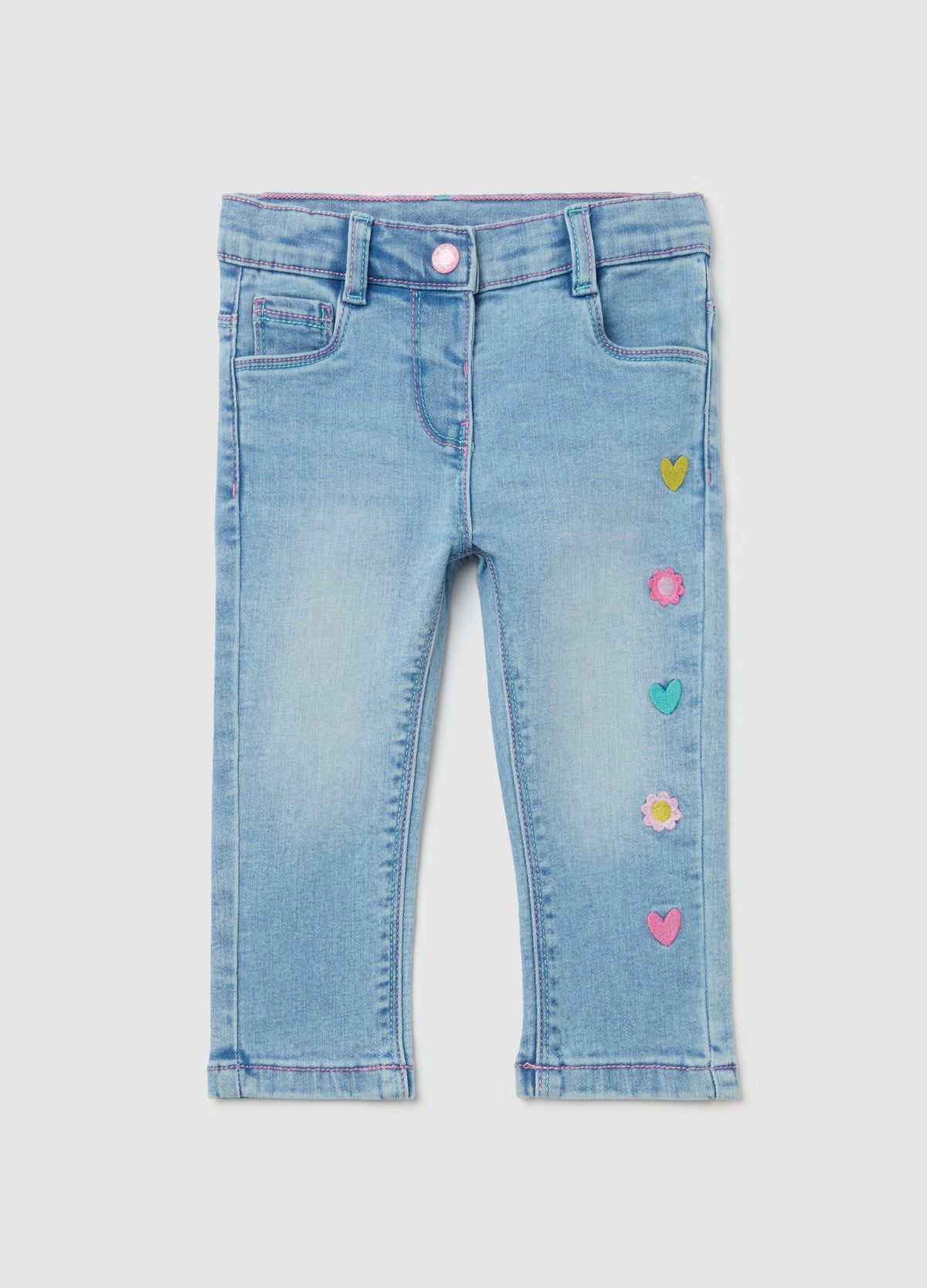 Ovs Jeans With Five Pockets And Hearts And Flowers Embroidery