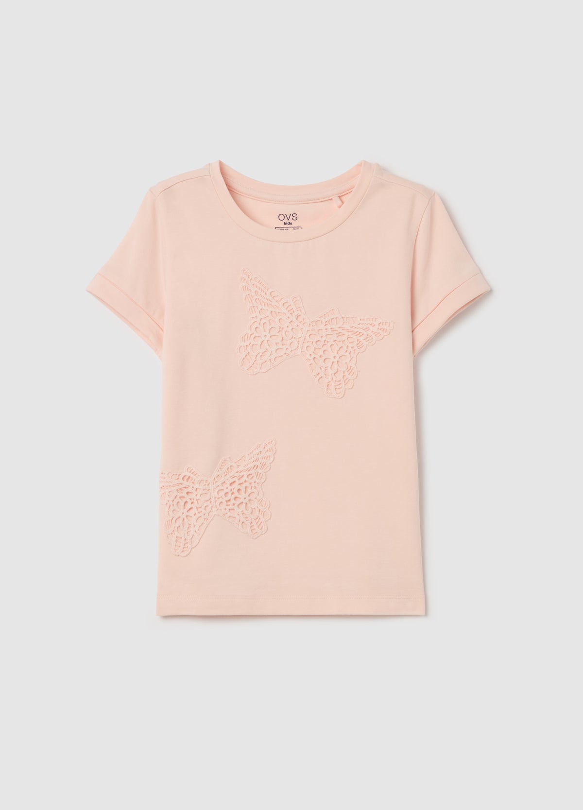 Stretch Cotton T-Shirt With Broderie Anglaise Butterflies
