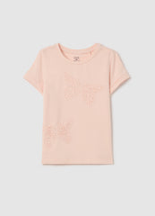 Stretch Cotton T-Shirt With Broderie Anglaise Butterflies
