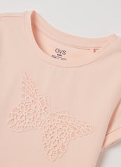 Stretch Cotton T-Shirt With Broderie Anglaise Butterflies