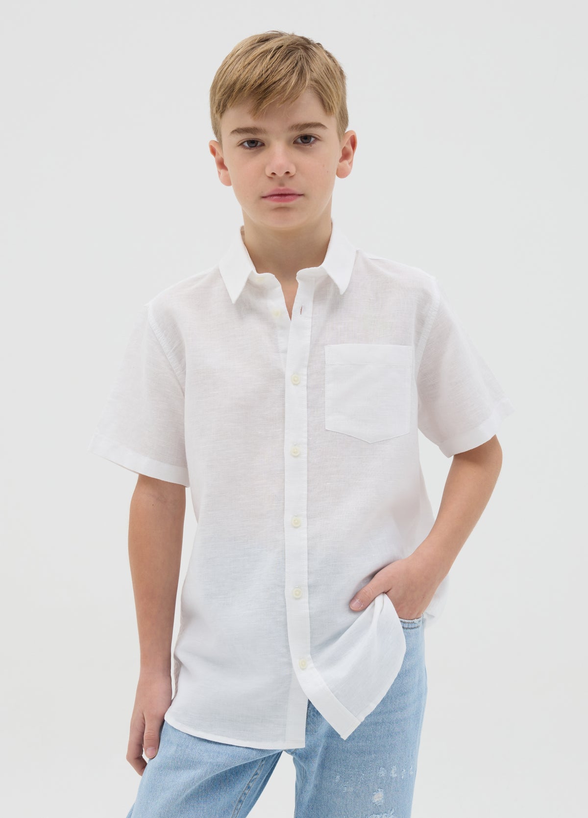 White Short-Sleeved Shirt In Linen And Cotton For Boys