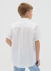 White Short-Sleeved Shirt In Linen And Cotton For Boys