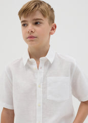 White Short-Sleeved Shirt In Linen And Cotton For Boys