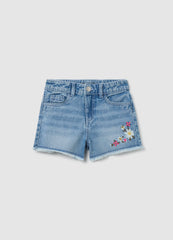 Girls' Denim Shorts With Floral Embroidery