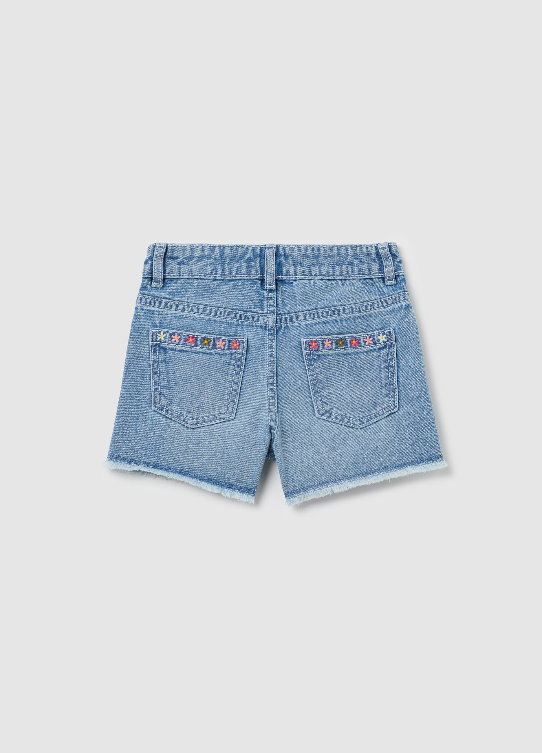 Girls' Denim Shorts With Floral Embroidery