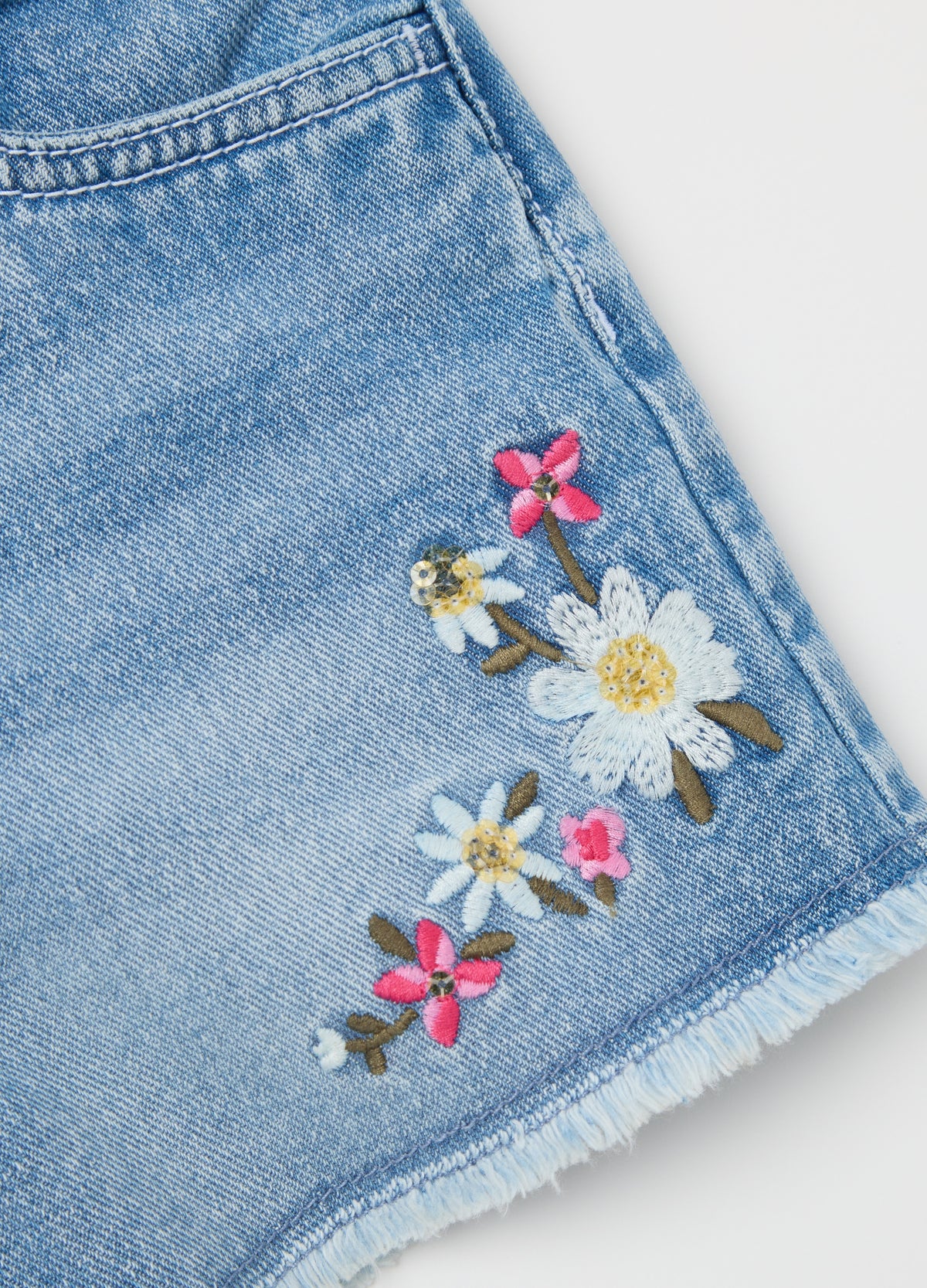 Girls' Denim Shorts With Floral Embroidery