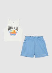 White And Light Blue Jogging Outfit In Cotton With Print