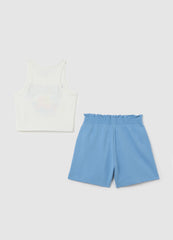 White And Light Blue Jogging Outfit In Cotton With Print