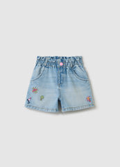 Denim Shorts With Tropical Embroidery