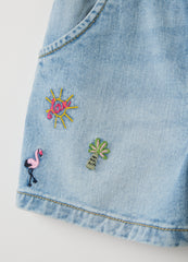 Denim Shorts With Tropical Embroidery