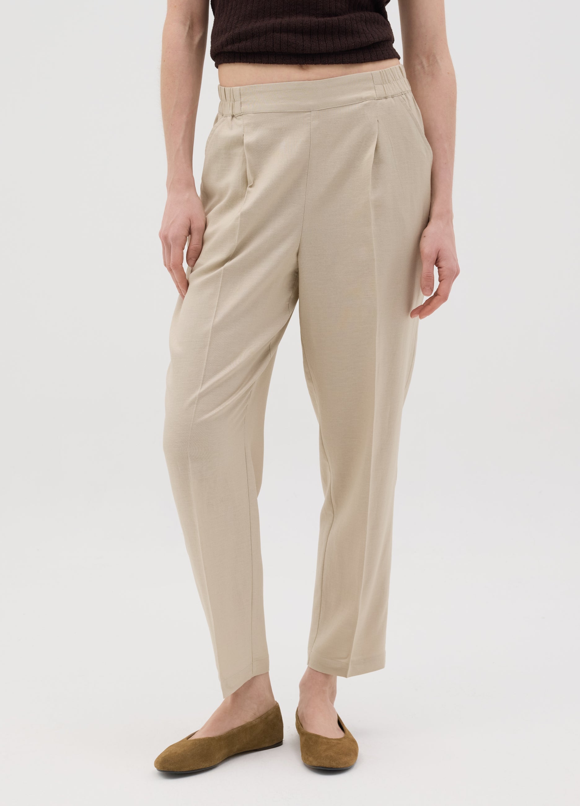 Women'S Beige Straight Trousers In Viscose And Linen Blend
