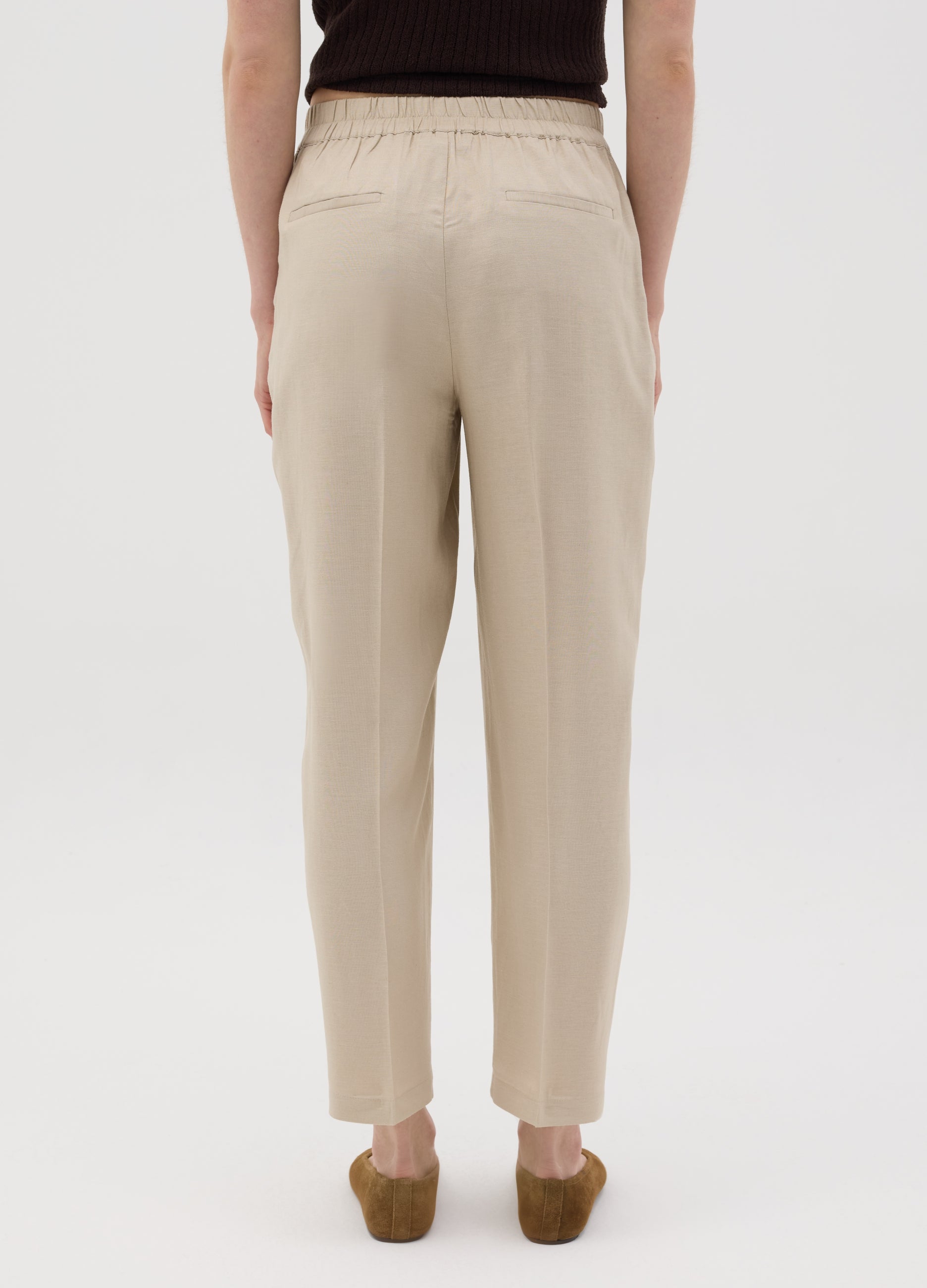Women'S Beige Straight Trousers In Viscose And Linen Blend