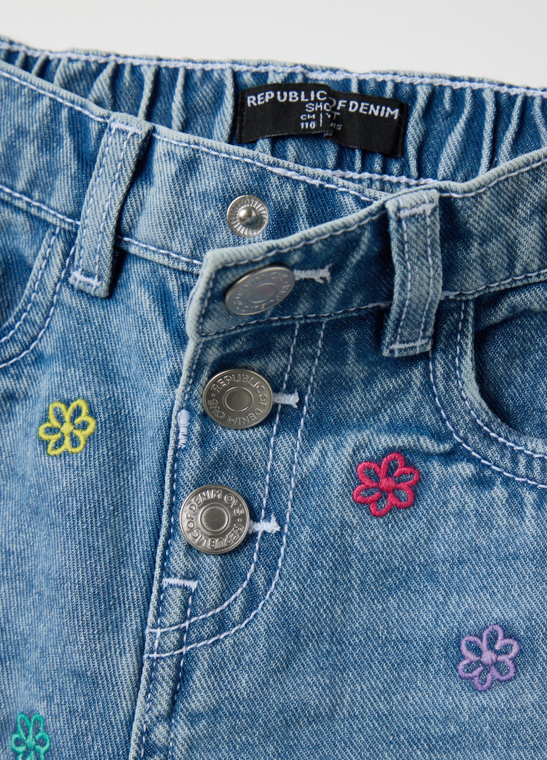 Light Blue Denim Shorts With Floral Embroidery