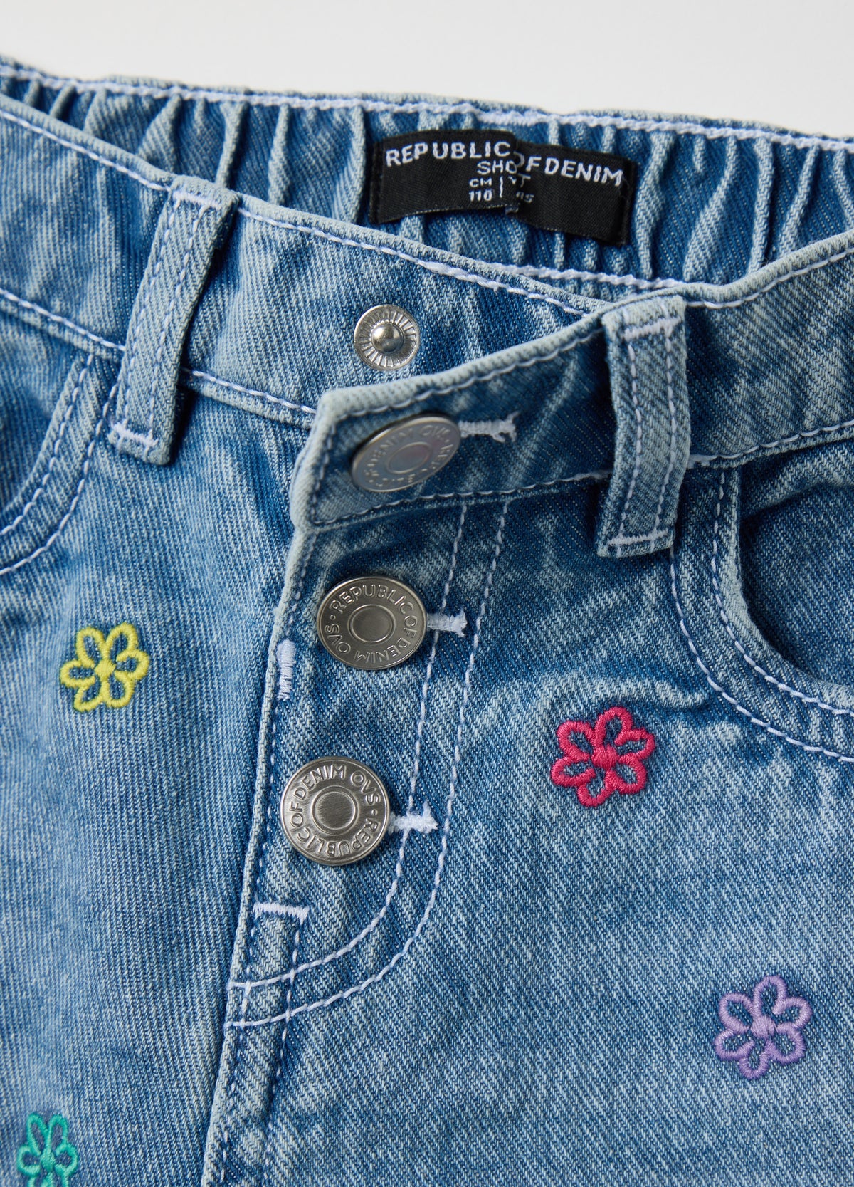Light Blue Denim Shorts With Floral Embroidery