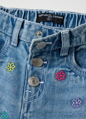 Light Blue Denim Shorts With Floral Embroidery