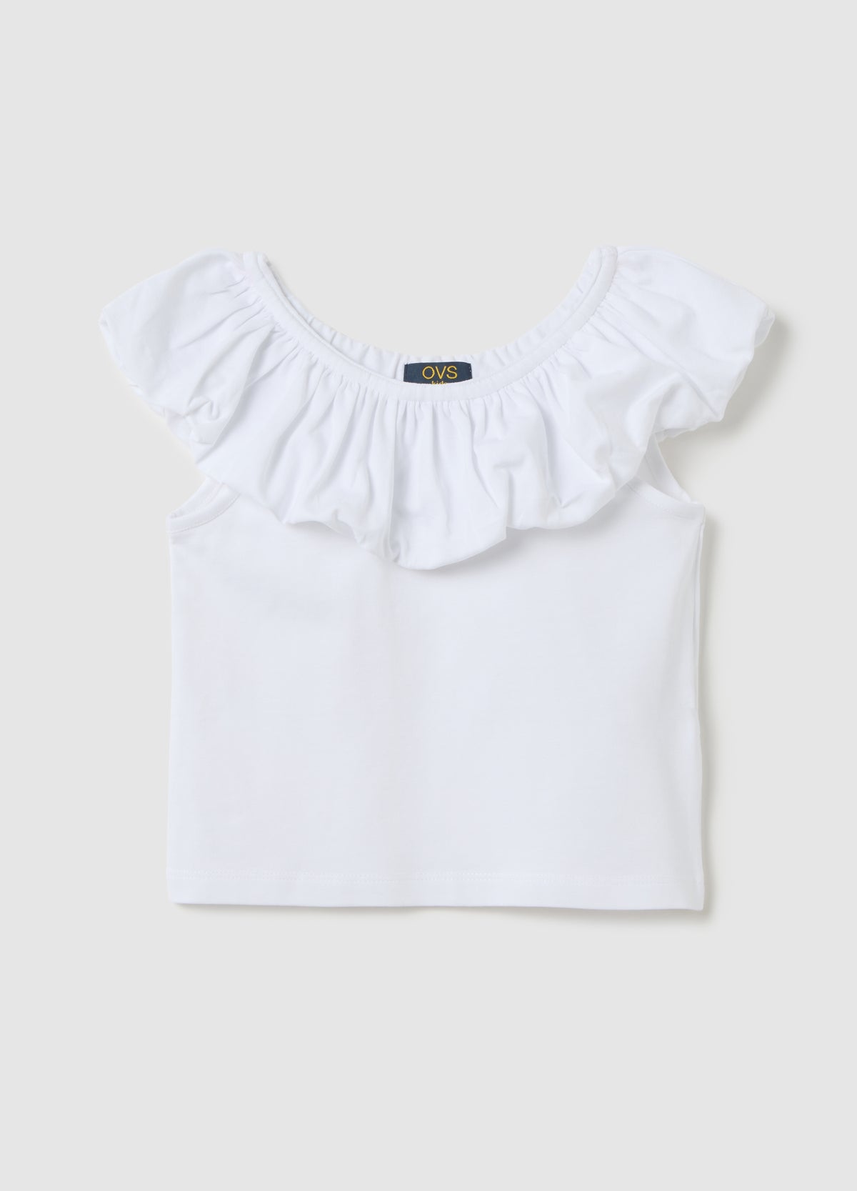 White T-Shirt With Ruffle Neckline