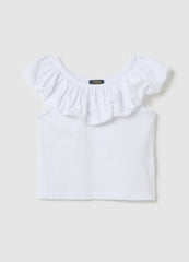 White T-Shirt With Ruffle Neckline