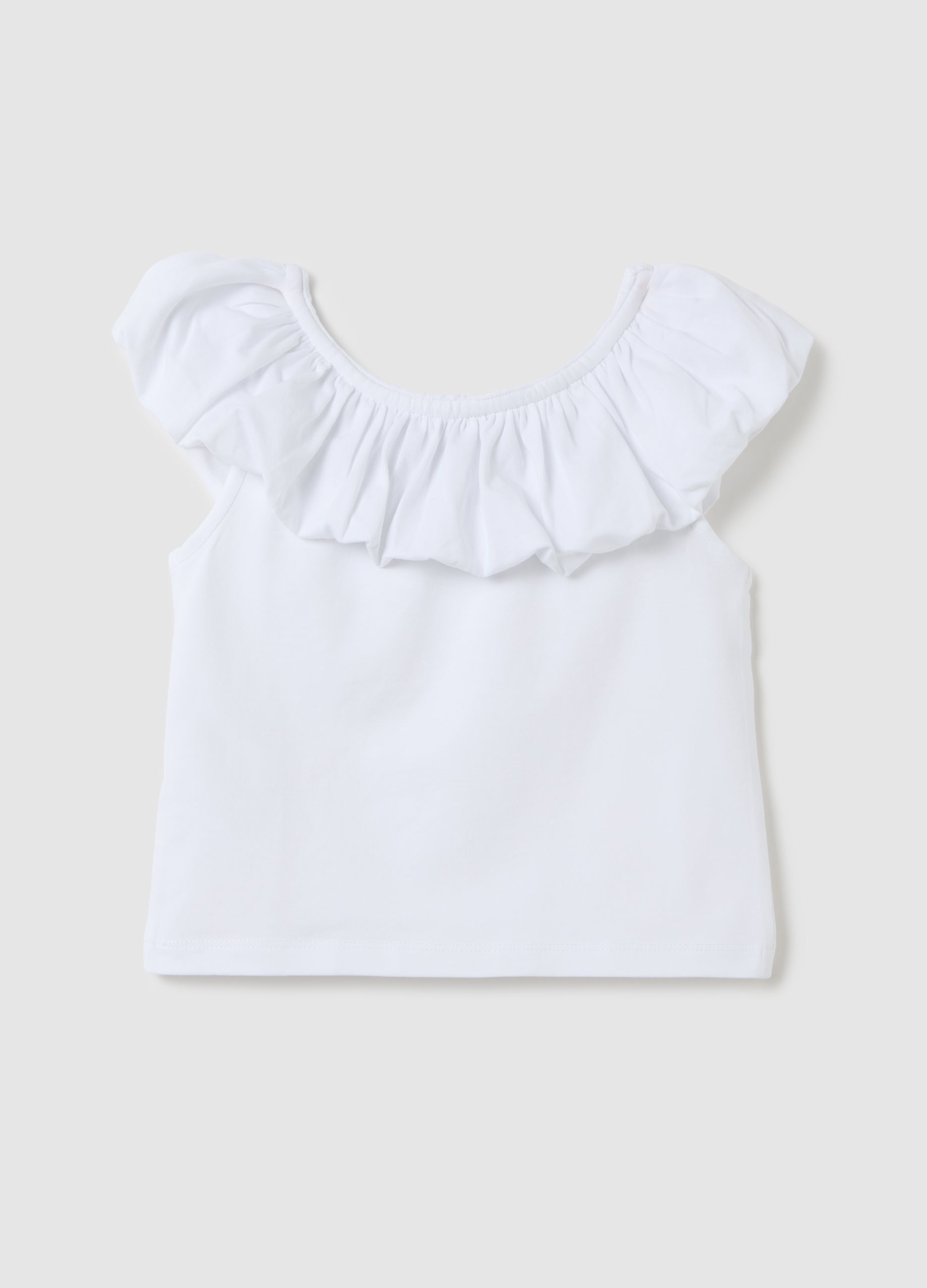 White T-Shirt With Ruffle Neckline
