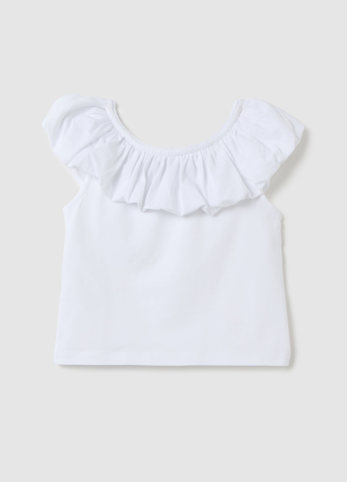 White T-Shirt With Ruffle Neckline