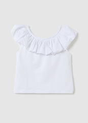 White T-Shirt With Ruffle Neckline