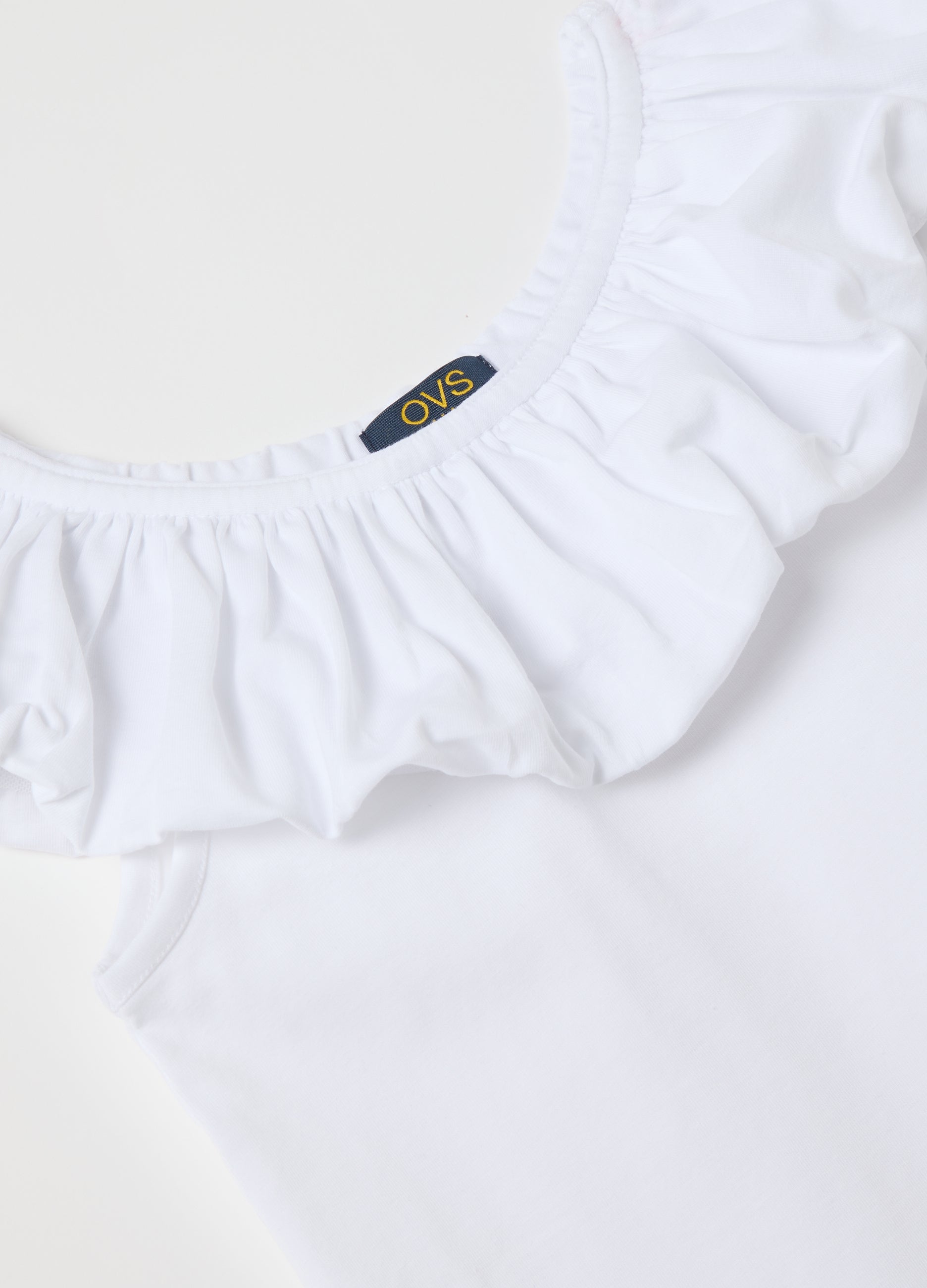 White T-Shirt With Ruffle Neckline