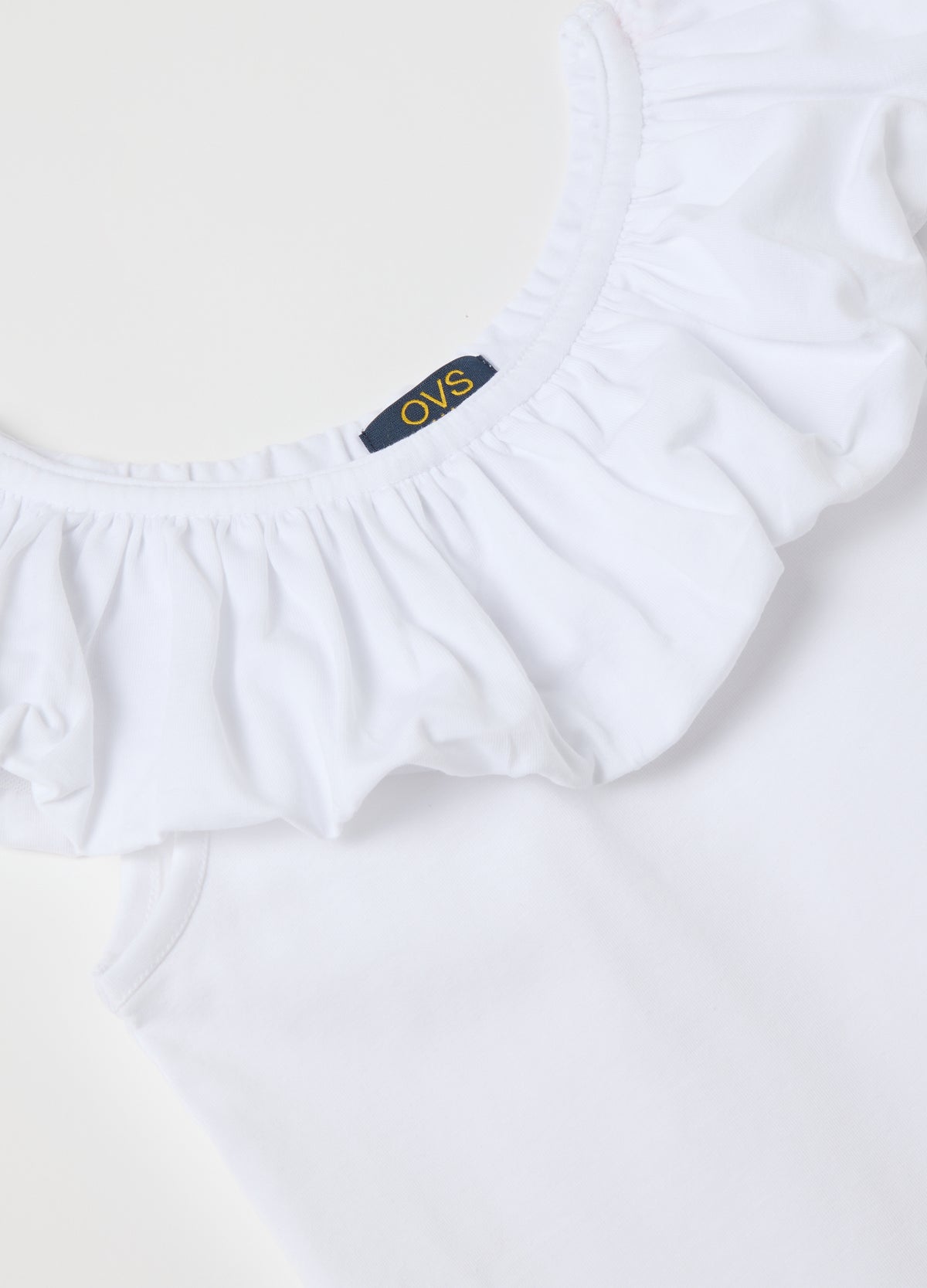 White T-Shirt With Ruffle Neckline