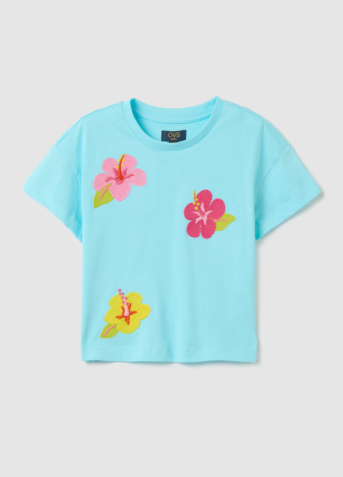 Boxy Fit Light Blue T-Shirt With Embroidered Flowers