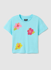 Boxy Fit Light Blue T-Shirt With Embroidered Flowers