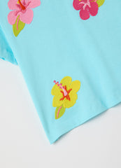 Boxy Fit Light Blue T-Shirt With Embroidered Flowers