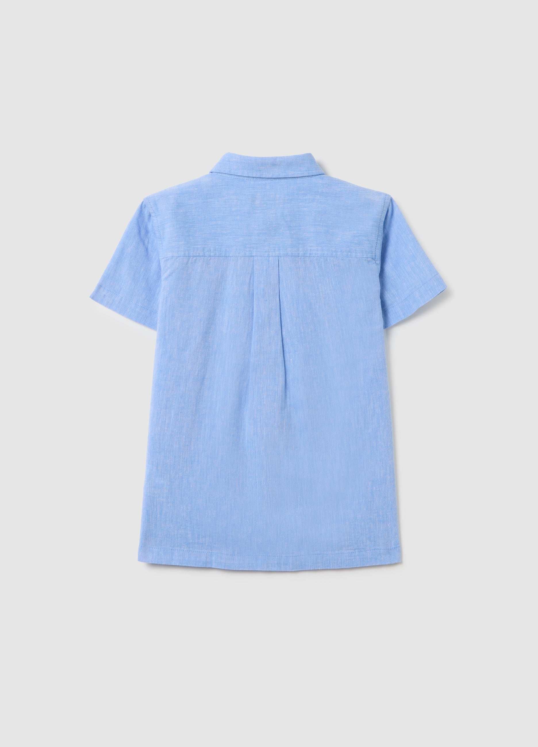 Regular Fit Azure Linen Kids' Shirt With Pointed Collar And Short Sleeves