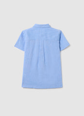 Regular Fit Azure Linen Kids' Shirt With Pointed Collar And Short Sleeves