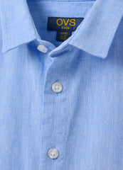 Regular Fit Azure Linen Kids' Shirt With Pointed Collar And Short Sleeves