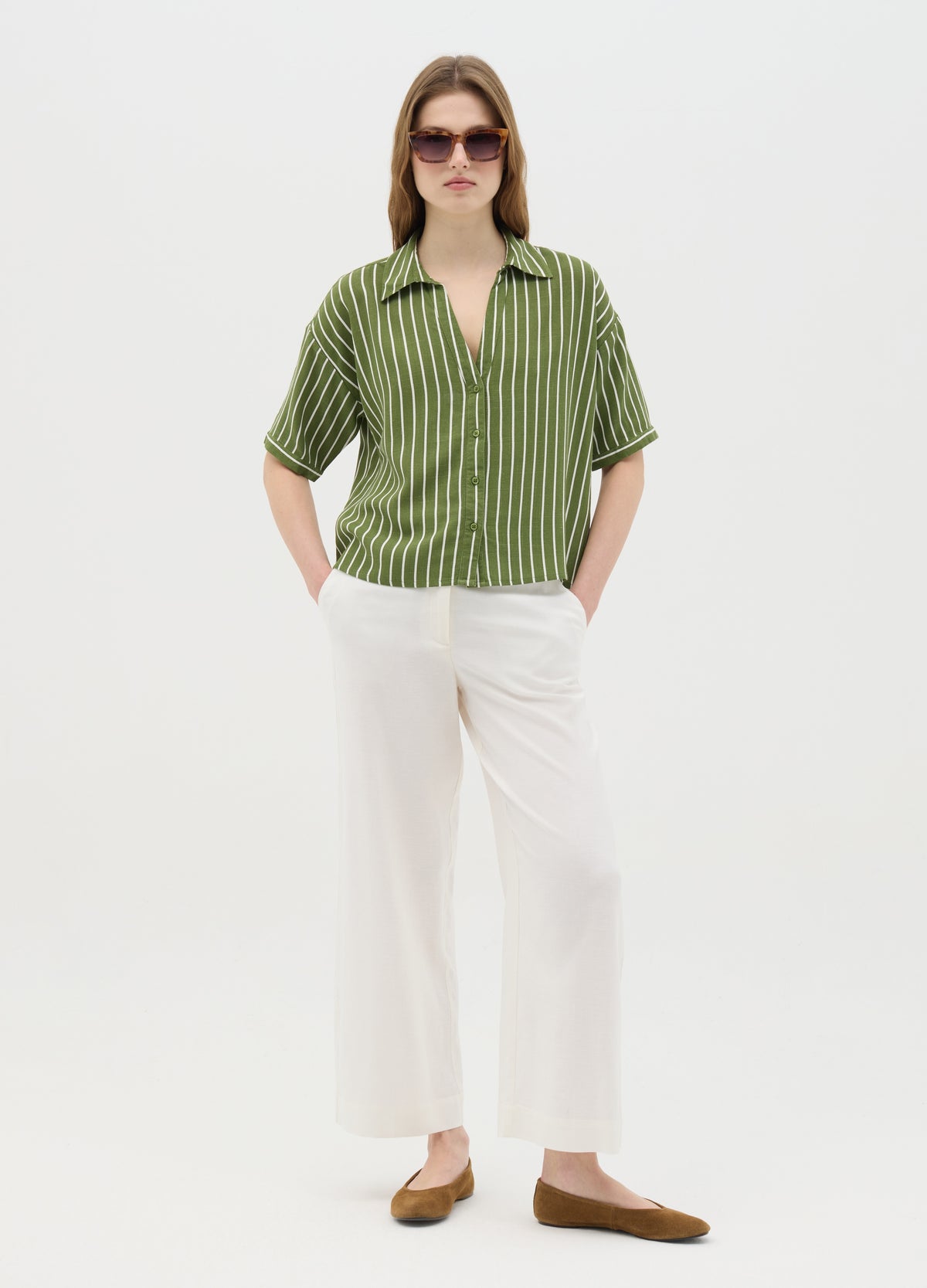 Green Striped Shirt In Viscose And Linen