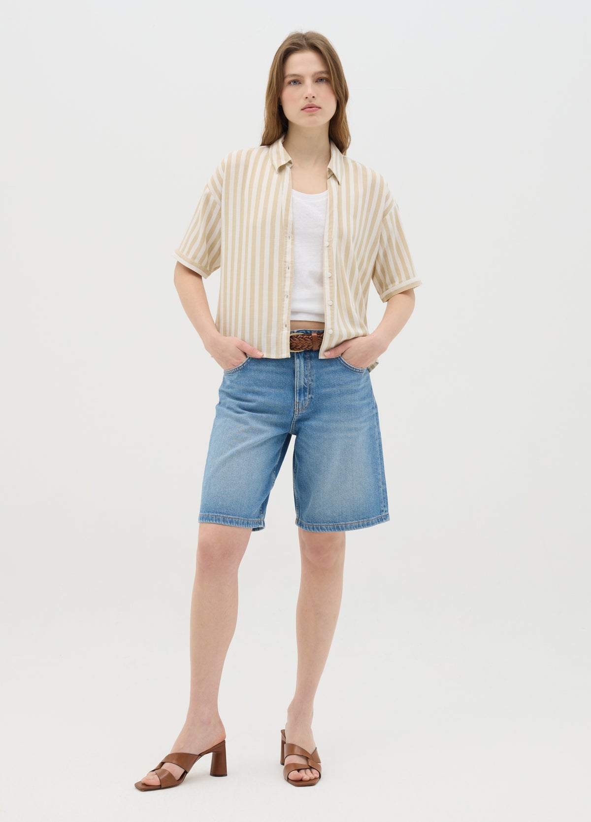 Beige And White Striped Linen And Viscose Shirt
