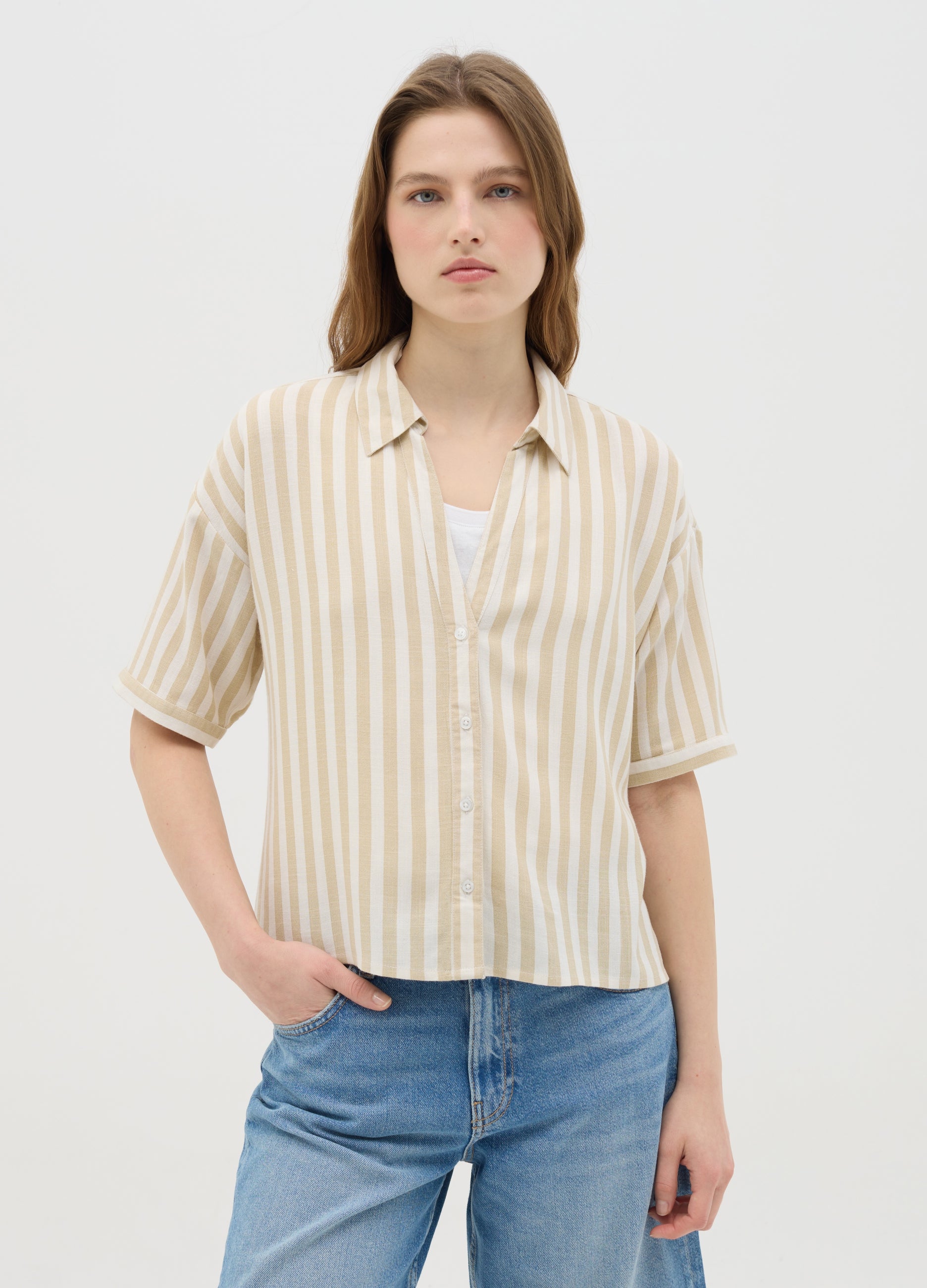 Beige And White Striped Linen And Viscose Shirt
