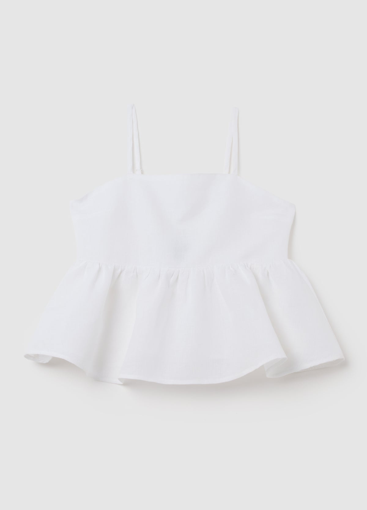 Girls' White Cotton And Linen Top With Regular Fit, Ruffles And Bow At The Back